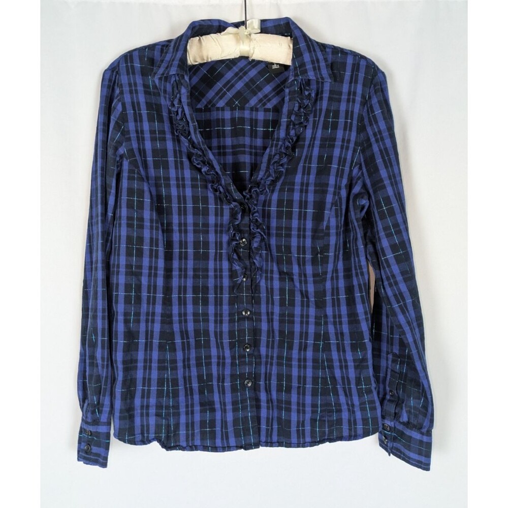 New York & Co Women's Blue Black Plaid Ruffle V-Neck Long Sleeve Blouse Size L